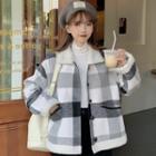 Faux Shearling-collar Plaid Button-up Coat
