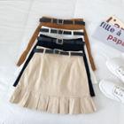 Plain Ruffled-trim High-waist Skirt With Belt