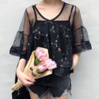 Set: Flower Embroidered Elbow Mesh Top + Camisole