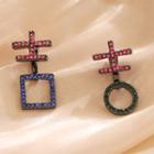 Non-matching Rhinestone Chinese Character Stud Earring 1 Pair - As Shown In Figure - One Size
