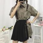 Plaid Short-sleeve Shirt Dress / Mini Pleated Skirt
