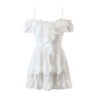 Cold-shoulder Lace Trim Ruffle Mini A-line Dress