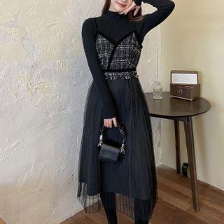 Long-sleeve Knit Top / Spaghetti Strap Tweed Midi A-line Dress / Set