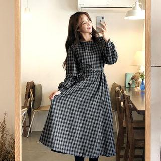 Plaid A-line Dress With Belt Black - One Size