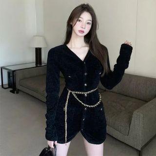 Long-sleeve Button-up Mini Sheath Dress / Waist Chain / Set
