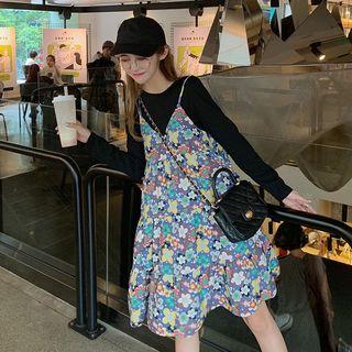 Mock Two-piece Long-sleeve Floral A-line Dress