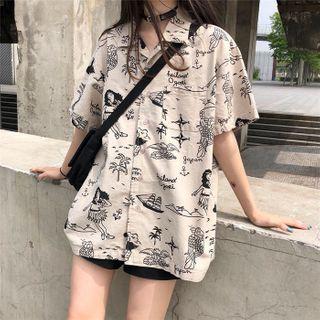 Elbow-sleeve All Over Print Shirt As Shown In Figure - One Size
