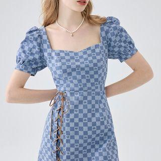 Short-sleeve Checkered Denim Mini A-line Dress