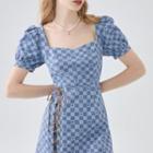 Short-sleeve Checkered Denim Mini A-line Dress