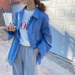 Long-sleeve Plain Shirt Jacket Blue - One Size
