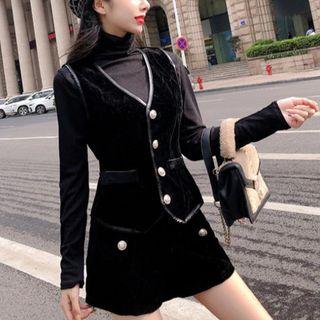 Set: Turtleneck Long-sleeve Top + Button Vest + Velvet Shorts
