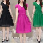 V-neck Short-sleeve Button Chiffon Panel A-line Dress