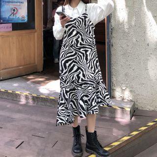 Puff-sleeve Shirt / Zebra Print Overall Dress