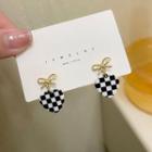 Heart Checker Alloy Dangle Earring 1 Pair - S925 Silver Pin Stud Earrings - Gold & Black & White - One Size