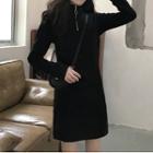 Mock-neck Half-zip Mini Sheath Dress Black - One Size