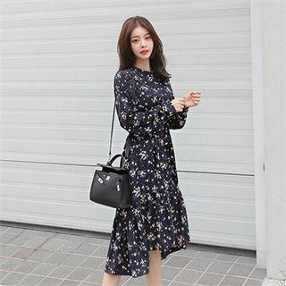 Crew-neck Floral Pattern Midi Dress