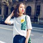Elbow-sleeve Floral Embroidery T-shirt / Harem Pants