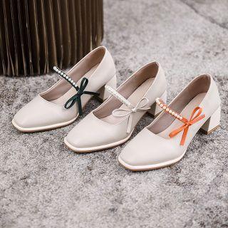 Faux Pearl Bow Chunky Heel Mary Jane Pumps