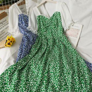 Two-tone Ruched Floral Midi Dress