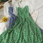 Two-tone Ruched Floral Midi Dress