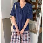 Elbow-sleeve Sailor-collar Top / Plaid Midi Skirt