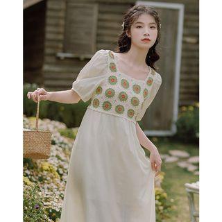 Puff-sleeve Crochet Panel Midi A-line Dress