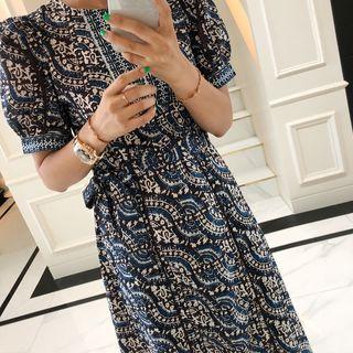 Cutout-front Pattern A-line Dress With Sash Navy Blue - One Size