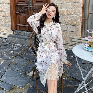 Floral Print Long-sleeve Lace Hem Dress