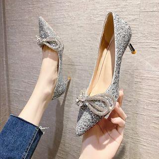 Pointed Rhinestone Bow Stiletto Pumps