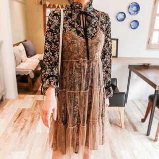 Set: Spaghetti-strap Mesh Dress + Floral Dress