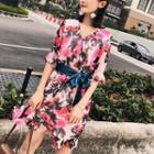 Short-sleeve Floral Print V-neck Chiffon Dress With Sash