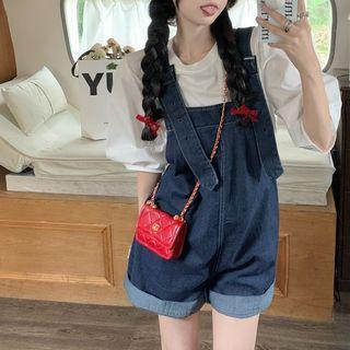 Elbow-sleeve Plain Blouse / Denim Dungaree Shorts
