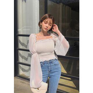 Bell-sleeve Smocked Chiffon Blouse