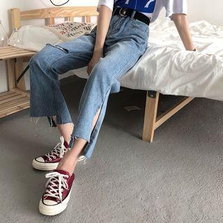 Ripped Slit Straight Cut Jeans