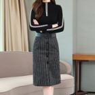 Set: Mock-turtleneck Knit Top + Striped Straight-fit Skirt