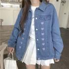 Heart Embroidered Denim Jacket Blue - One Size