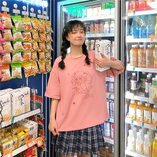 Elbow-sleeve Cartoon Printed T-shirt Pink - One Size