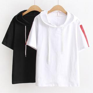 Lettering Trim Short-sleeve Hooded T-shirt