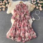 Tied Collar Flower Print Long-sleeve Accordion Pleat Dress