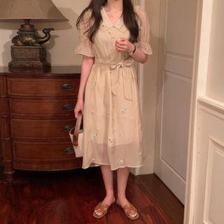 Flower Embroidered Short-sleeve Midi Collared Dress Almond - One Size