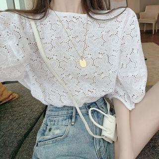 Lace Embroider Puff-sleeved Top White - One Size