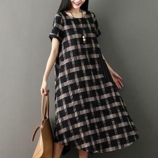 Short-sleeve Plaid Panel Midi A-line Dress