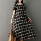 Short-sleeve Plaid Panel Midi A-line Dress