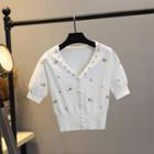Short-sleeve Embroidered Crop Knit Top White - One Size