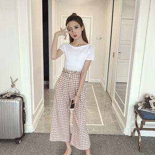 Set: Short-sleeve T-shirt + Gingham Wide Leg Pants