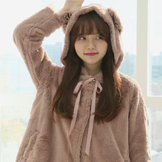 Bear-ear Faux-fur Hoodie Pink - One Size