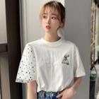 Dotted Mesh-sleeve Cartoon Embroidered T-shirt