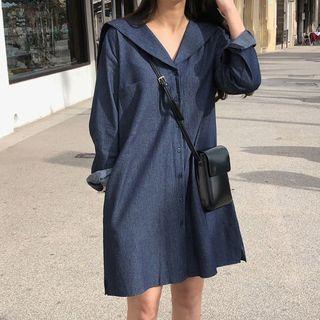Long-sleeve Mini Denim Dress Blue - One Size