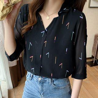 Short-sleeve Open-collar Lettering Print Chiffon Blouse