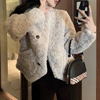 Fleece Stand-collar Pocket-detail Long-sleeve Jacket / Plain Slit Wide-leg Pants